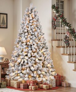 7.5ft Snow Flocked Prelit White Christmas Tree – 350 Warm Lights & Foldable Stand