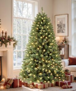 7.5ft Pre-lit Premium Artificial Spruce Christmas Tree with 350 Warm White Replaceable Lights, 1170 Branch Tips & Foldable Stand – Realistic, Fire-Resistant PVC Holiday Tree