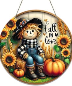 Fall Door Sign Fall in Love Scarecrow Pumpkin Sunflower Wreath