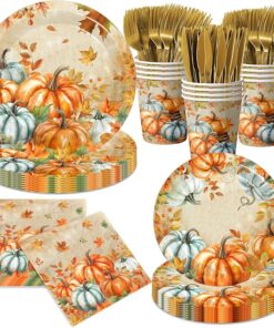 Fall Paper Plates and Napkins Sets 144 Pcs Watercolor Pumpkin