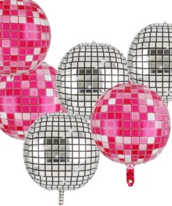 Odimibo 6 Pcs 4D Disco Balloons Silver Hot Pink Retro New Year Party