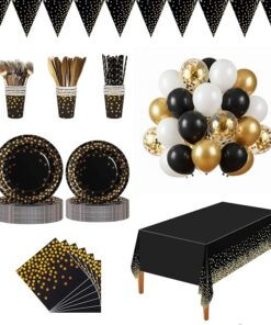 Black and Gold Party Dinnerware Paper Plates Set